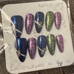 Press On Nails Almond Stiletto Art Nail‎ Tips Stick On Fake Nails Set